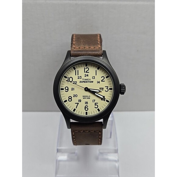 Timex Expedition Scout 40mm Cream Date Field Watch Brown Leather New Battery - Picture 1 of 13